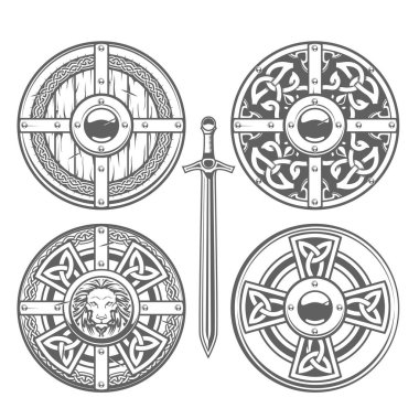 Set of round shields with celtic pattern and medieval ornaments, knight armor, chivalry shields, vector clipart