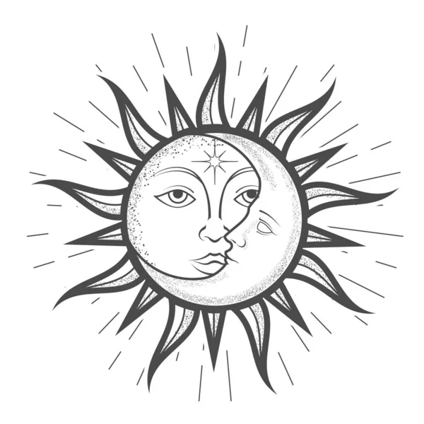 Luna Creciente Dentro Del Sol Con Una Cara Astrología Mágica — Vector de stock