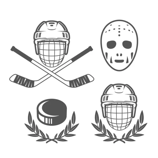 Ice Hockey Insignias Hockey Helmet Retro Goalkeeper Mask Hockey Puck — Stock Vector