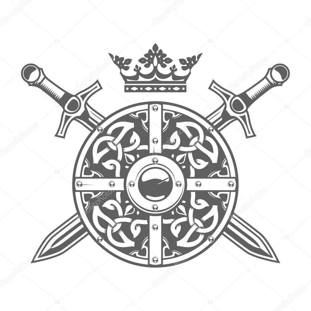 Round shield with fancy pattern, crown and crossed swords, medieval blazon and knight coat of arms, vector