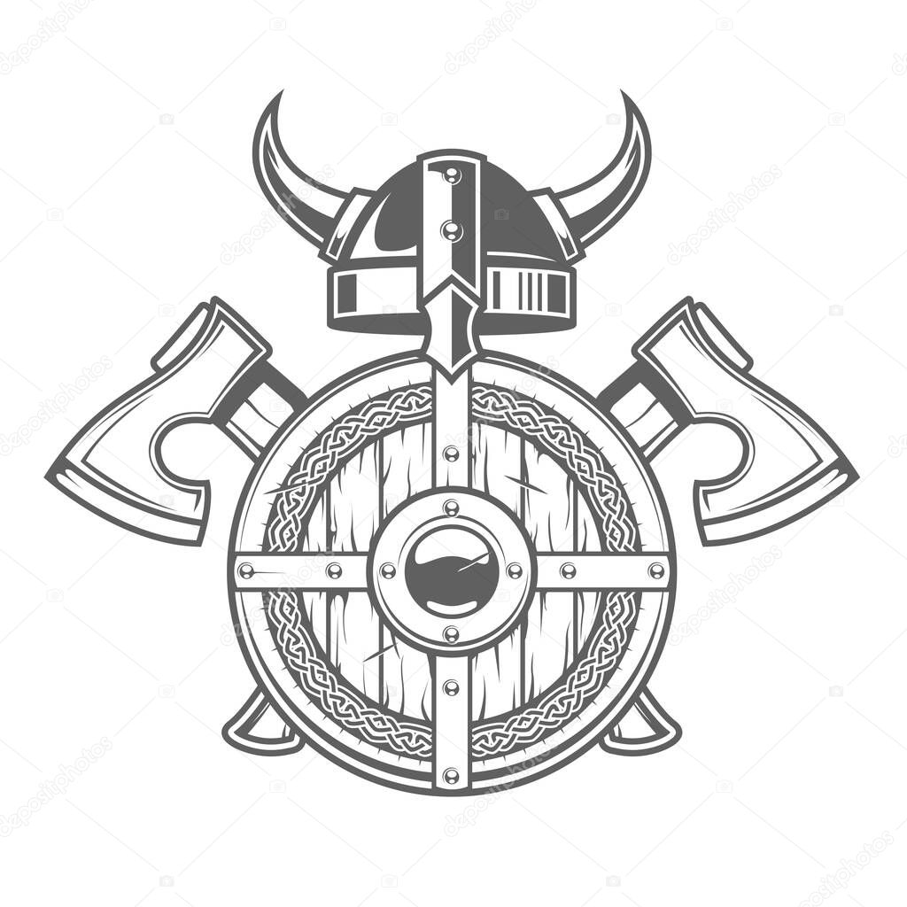 Round viking shield and horned helmet, celtic coat of arms with two crossed axes, barbarian emblem, vector
