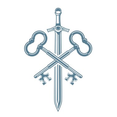 İki çapraz antik anahtar ve kılıç, ortaçağ alevi, anahtarlı şövalye ceketi, vektör.