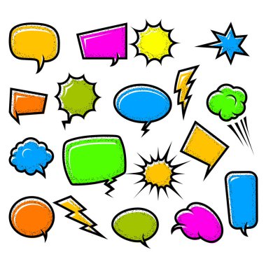 Karmaşık komedi konuşma baloncukları koleksiyonu, karikatür retro çıkartmaları, komik bilgi baloncukları, vektör
