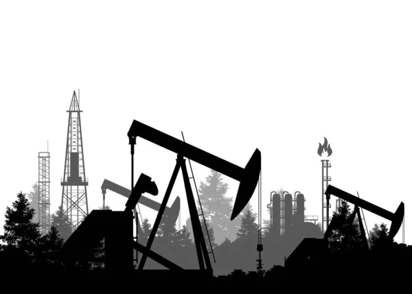 Oil Industry Banner Silhouette Pumpjack Refinery Plant Overground Drive Reciprocating — Stock Vector