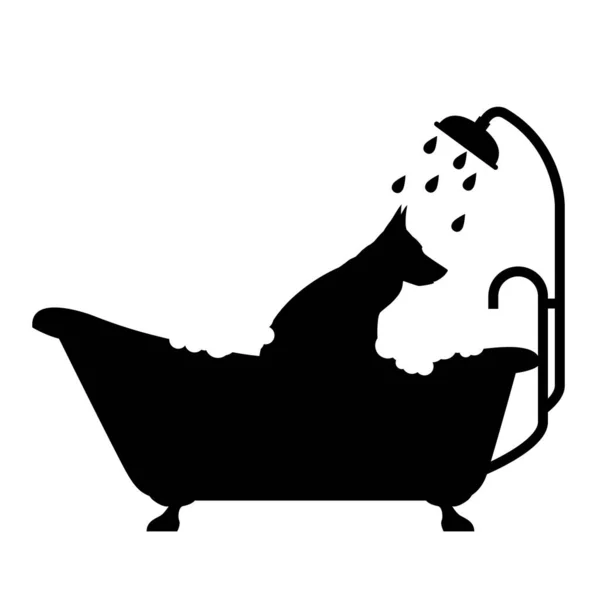 Hund Badewanne Duscht Haustier Badet Salon Emblem Pflegt Hundewaschanlage Vektor — Stockvektor