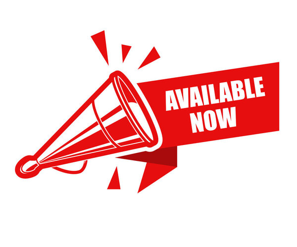 Доступно сейчас, баннер прибытия товара с винтажным мегафоном или громкоговорителем, объявление о вакансии, вектор
