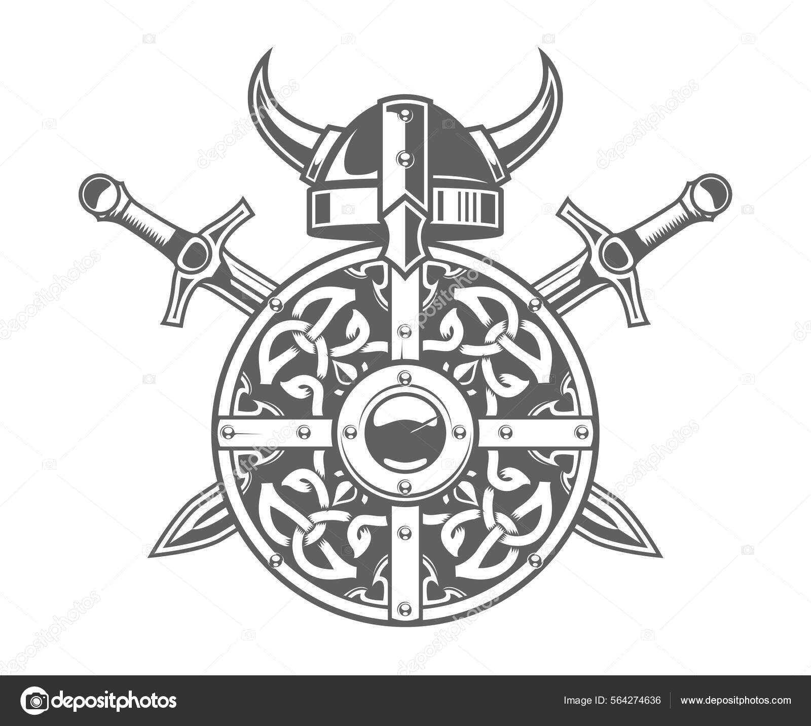 Runde Viking Skjold Med Celtic Mønster Hornede Hjelm Barbar Våbenskjold  Stockvektor af ©Lumumba 564274636, image size:1600x1433