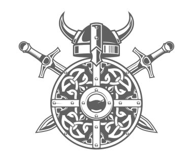 Kelt desenli yuvarlak Viking kalkanı, boynuzlu miğfer, çapraz kılıçlı barbar arması, İskandinav Viking amblemi, vektör.