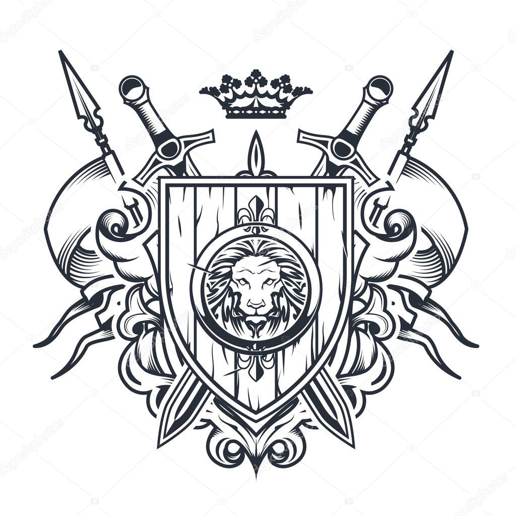 Sumptuous coat of arms with old wooden shield, swords and crown, knight crest, heraldic emblem or royal blazon, vector