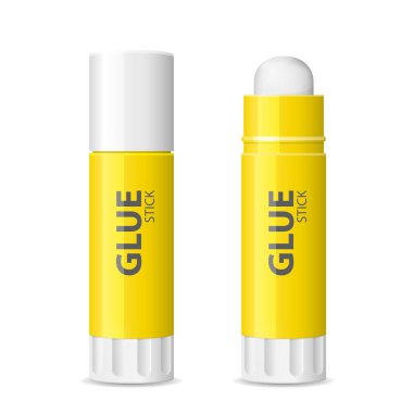 Glue stick with lid open and closed, school and office glue barrel isolated on background, vector 