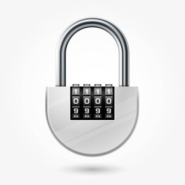 Combination lock for school lockers, round code padlock icon, keyless silver lock, vector