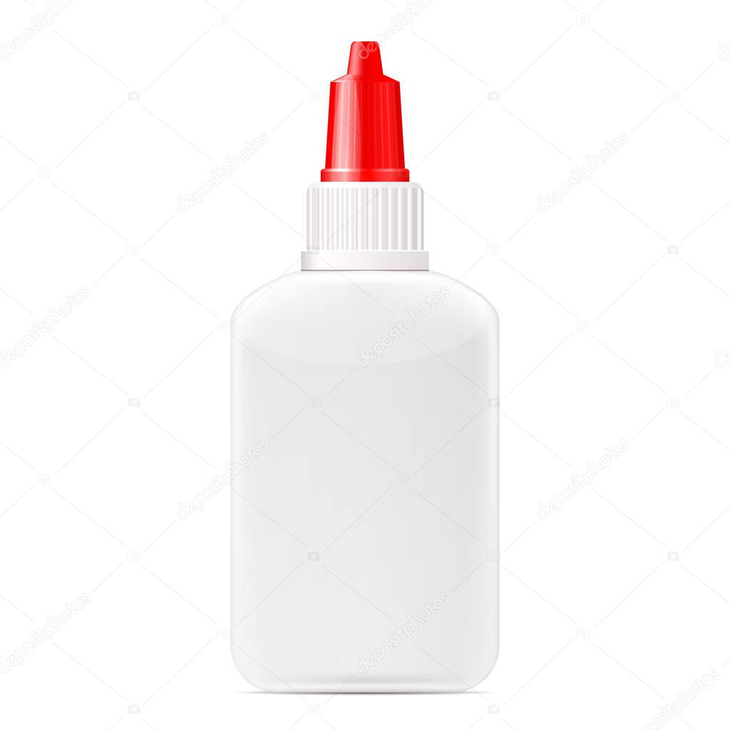 Glue bottle, blank plastic container with red cap, glue package, branding mockup, vector