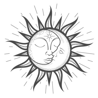Güneşin içindeki hilal, kapalı gözler, sihirli ya da astroloji burcu, tarot büyüsü, ezoterik sembol, vektör.
