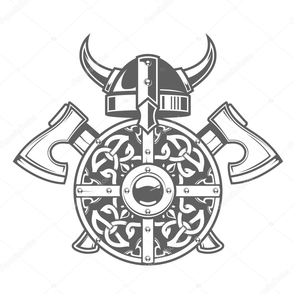 Round viking shield with celtic pattern, horned barbarian helmet and two crossed axes, scandinavian armor, vector