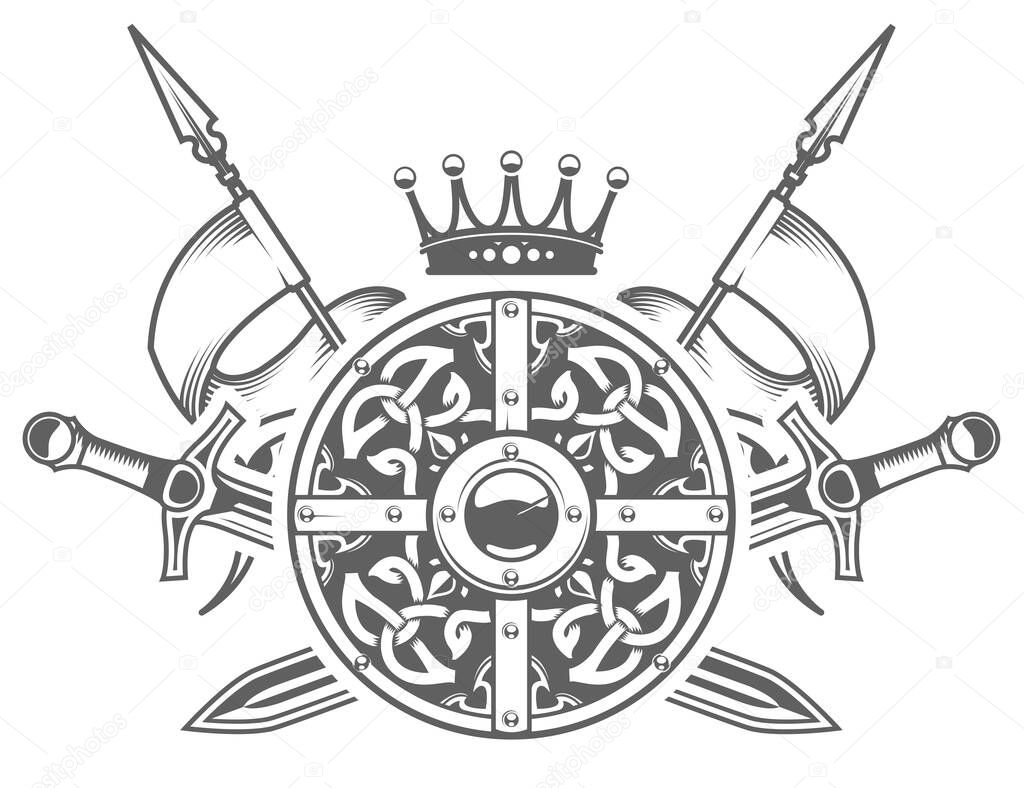 Medieval knight armor, round shield with decorative pattern, crown with crossed swords and pennants, medieval blazon and heraldic coat of arms, vector