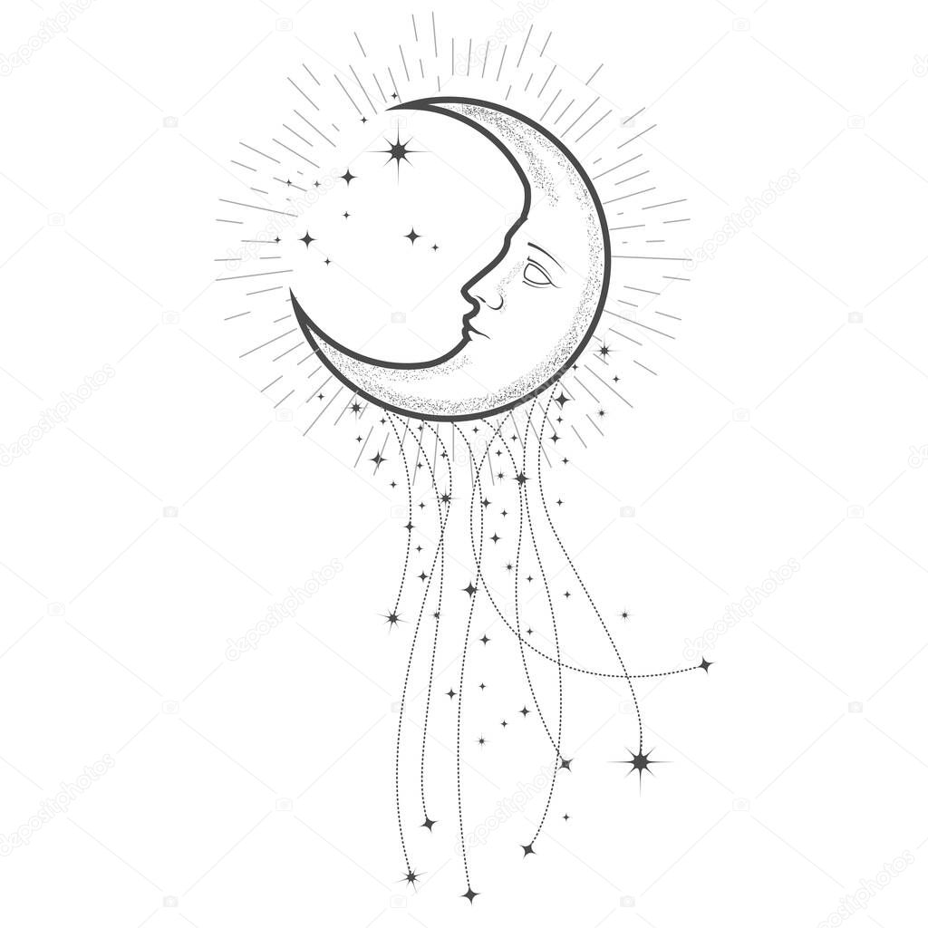 Crescent with face and starry tail, magical moon with star trace, astrology and tarot sorcery, esoteric and zodiac sign, vector 