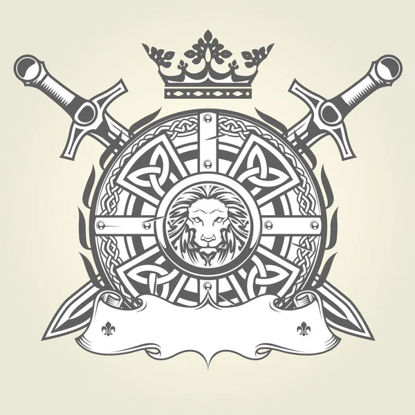 中世纪的皇家纹章 带有骑士盔甲 华丽的盾牌 皇冠和十字架 带有纹章的纹章 带有旗帜 — 图库矢量图片