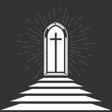 Kilise kilisesi, Tanrı 'ya giden yol, haçlı pencere ve kutsal ışık, ilahi ibadet, vektör