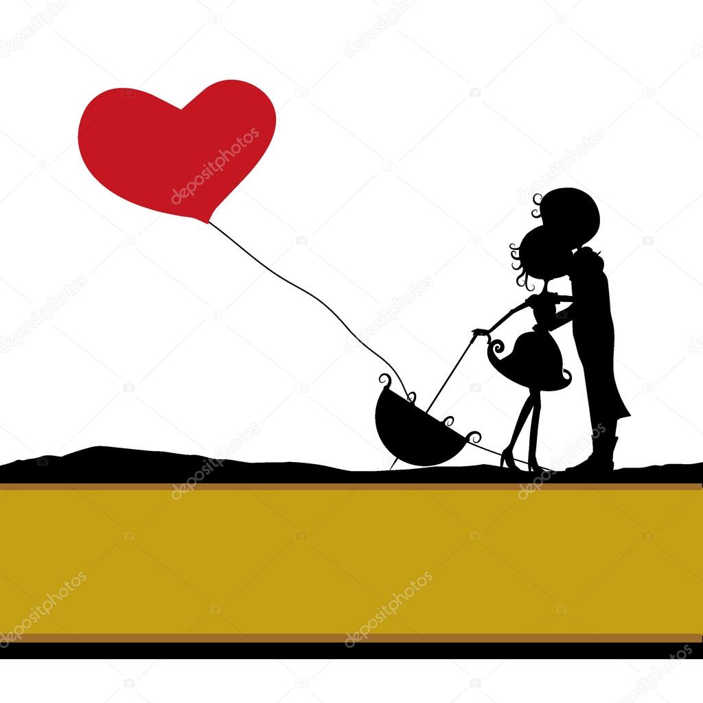 silhouettes couples with heart balloon background