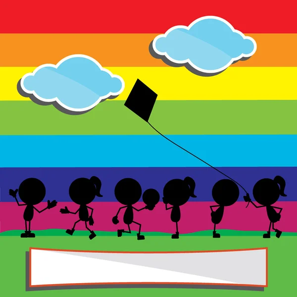 Crianças silhuetas com fundo arco-íris e nuvens —  Vetores de Stock