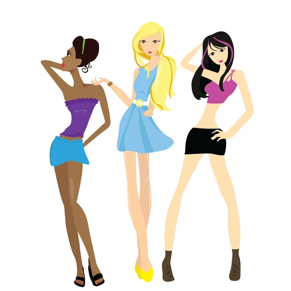 Drie meisjes met poses — Stockvector