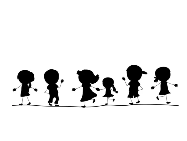 Simple walking silhouettes kids in one line — Stock Vector