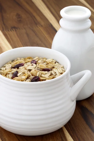Delicious and healthy muesli with fresh milk — Stock Photo, Image