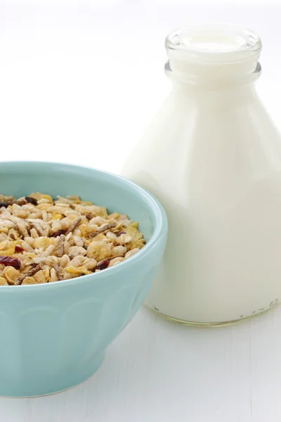 Delicioso y saludable muesli con leche fresca —  Fotos de Stock