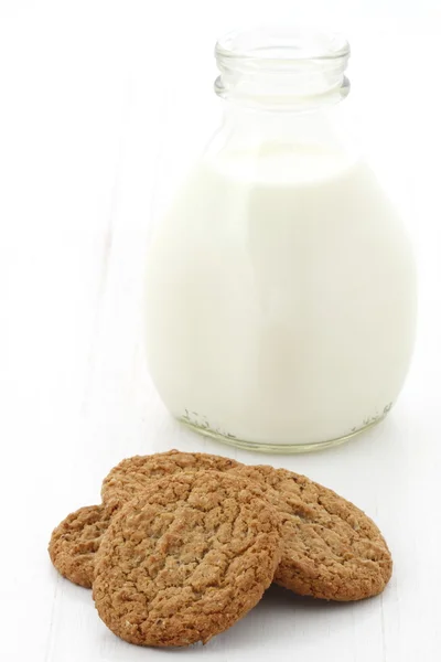 Fresh milk and oatmeal cookies — Stock Photo, Image