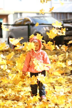 küçük kız having oyunculuk ile sonbahar yaprakları