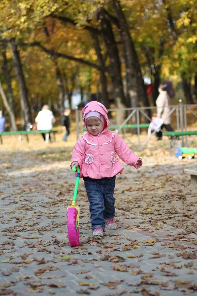 Liten flicka som leker i höst park — Stockfoto