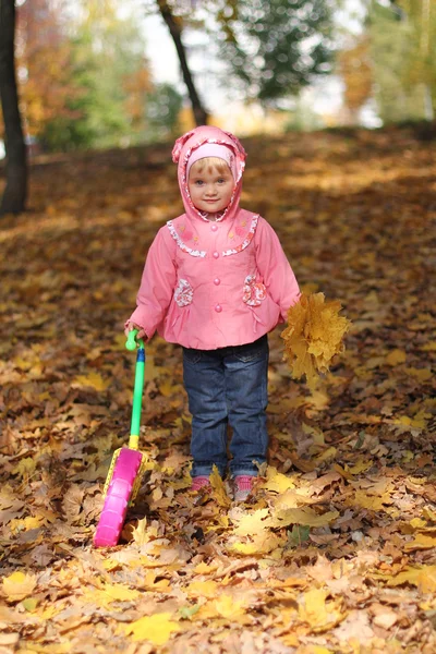 Liten flicka som leker i höst park — Stockfoto