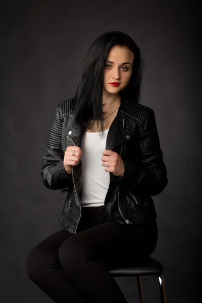 Girl in leather jacket — Stock Photo, Image