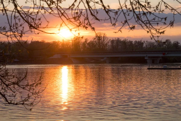 Coucher Soleil Orange Magnifique Sur Rivière Dnipro Kiev Ukraine — Photo