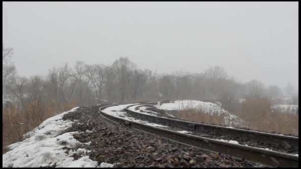 Tren de pasajeros en el ferrocarril en el bosque de invierno . — Vídeos de Stock