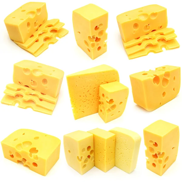 Peynir beyaz bir arka plan üzerinde izole parçası koleksiyonu — Stok fotoğraf