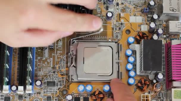 Man mäter digitala multimetern moderkort och processor. — Stockvideo