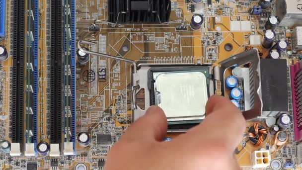 Man measures digital multimeter motherboard and processor. — Stock Video