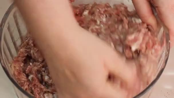 Carne picada mezclada con manos de pimienta — Vídeo de stock