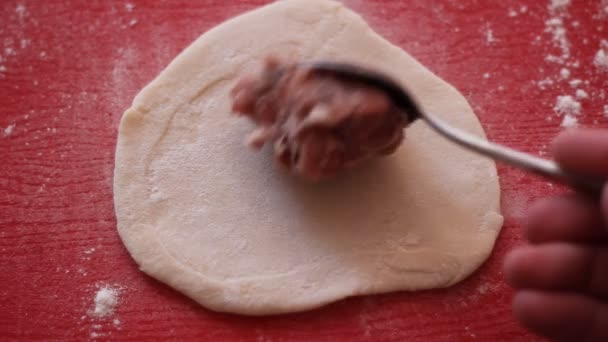 Khinkali-carne pelmeni, albóndigas con pimienta negra hacer manualmente — Vídeos de Stock