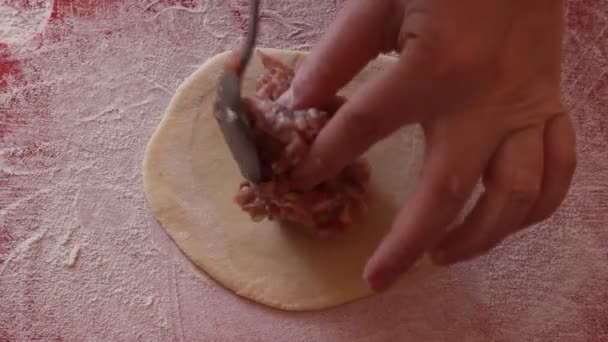 Khinkali-vlees pelmeni, dumplings met zwarte peper handmatig doen — Stockvideo