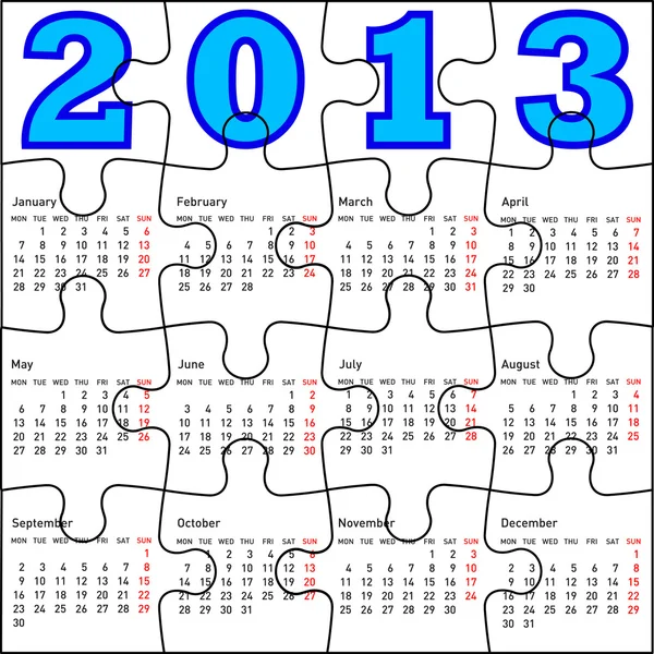 Calendar for 2013, jigsaw puzzle Illustration. — 스톡 사진