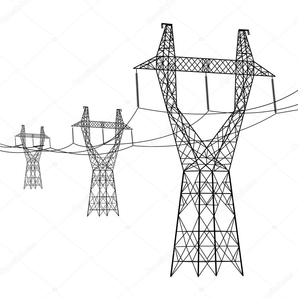 Silhouette of high voltage power lines illustration.