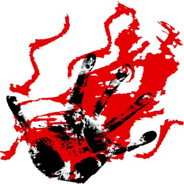 Bloody hand prints, on a white background.