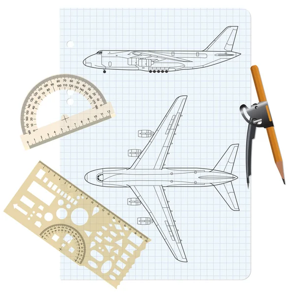 Libro de ejercicios con un dibujo para una ilustración de avión modelo — Foto de Stock