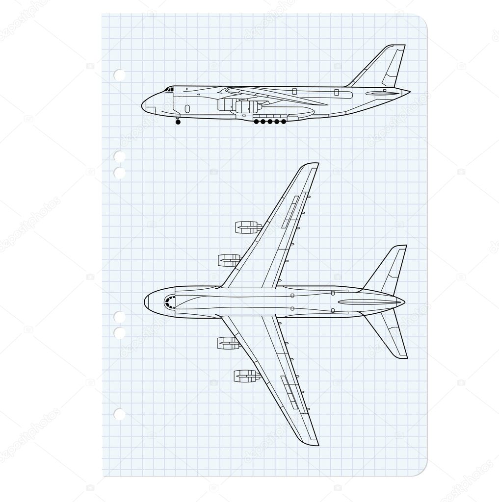 Exercise book with a drawing for a model airplane illust