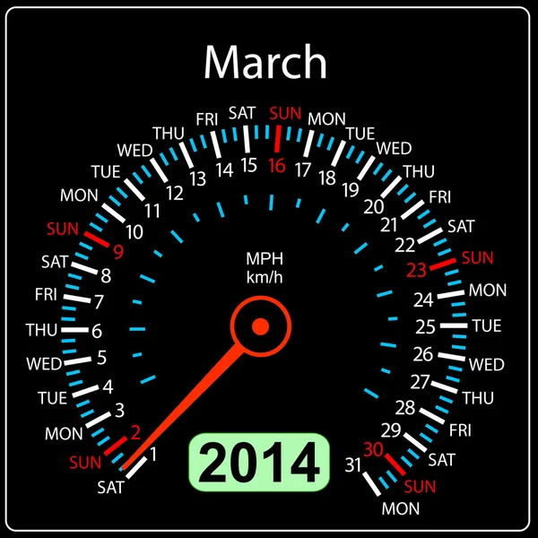2014 anno calendario tachimetro auto marzo — Foto Stock