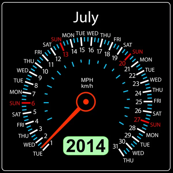 2014 year calendar speedometer car in July — Stock fotografie