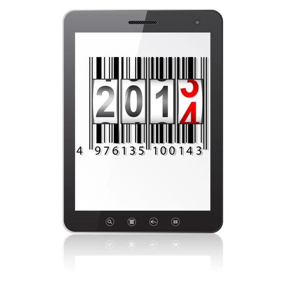 Tablet PC computer with 2014 New Year counter, barcode isolated — Stock Photo, Image