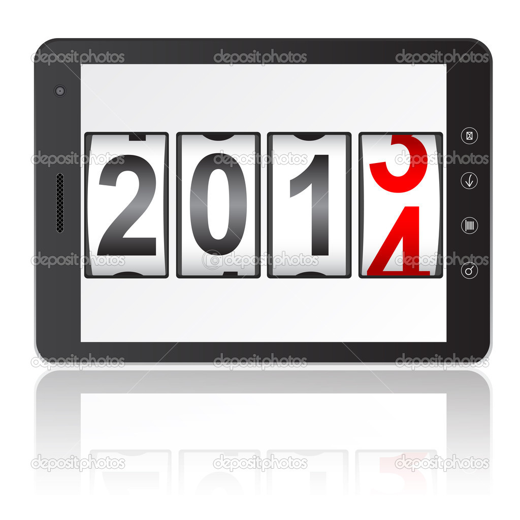 Tablet PC computer with 2014 New Year counter isolated on white